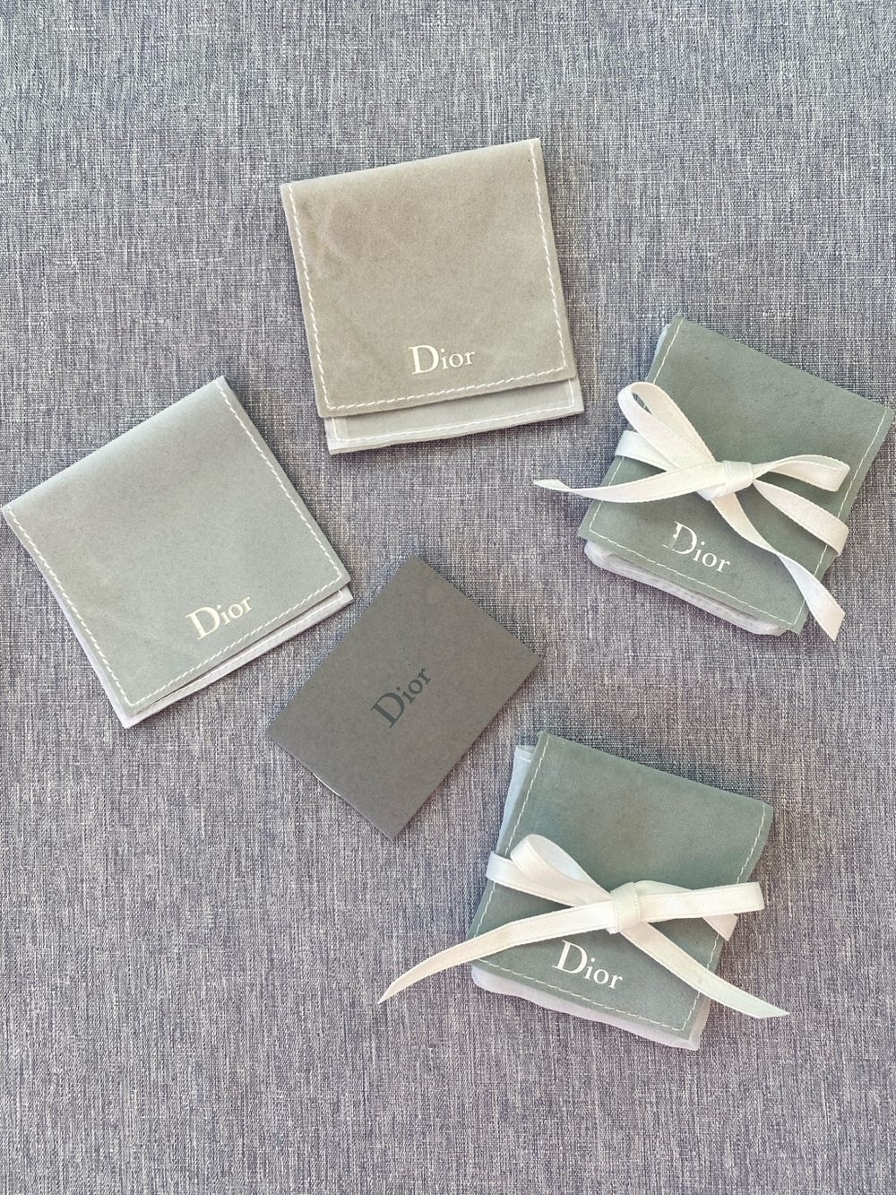 Authentic Dior | Velvet Jewelry Pouches in Sage and Light Gray Ribbon - Set of 4